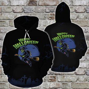 Halloween witch flying broom scary night hoodie 3d